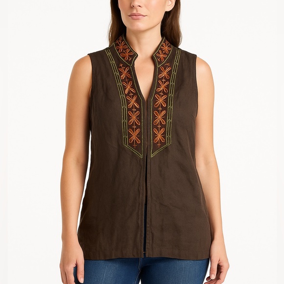 Chico’s 100% Linen Bohemian Sleeveless Blouse Vest Floral Embroidered Brown Sz 1 - Picture 1 of 8